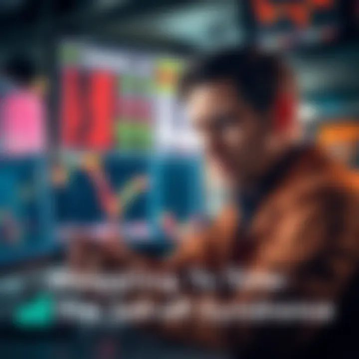 Frustrated trader analyzing stock charts with a computer showing downward trends