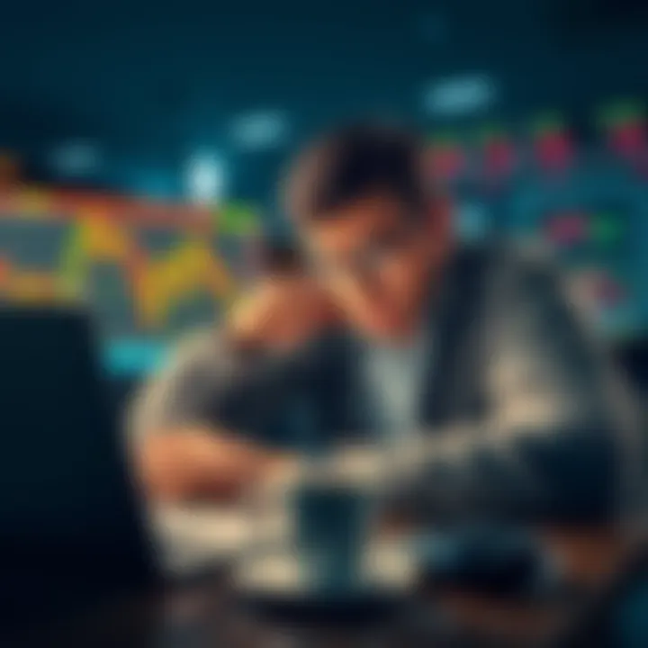A worried trader looks at a stock chart showing a steep decline, with a laptop open and coffee cup nearby.