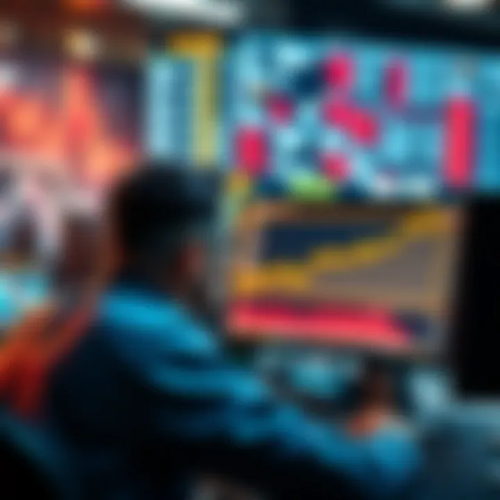 A trader looking at a computer screen showing a graph with a rising trend, symbolizing a shift from short to long positions in trading.