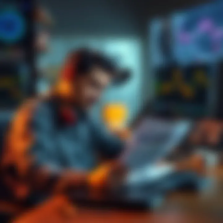 A trader sitting at a desk, looking stressed while reviewing tax documents and cryptocurrency records on a laptop.