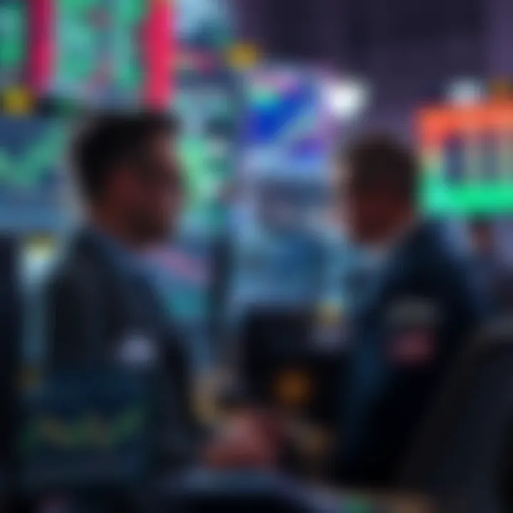 Two traders studying charts and graphs on computers in a busy trading environment