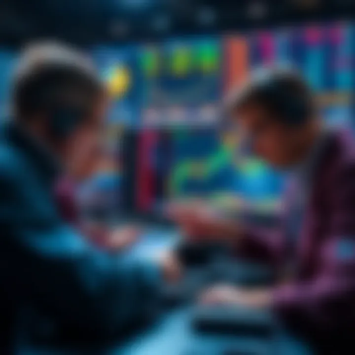 Group of traders examining charts and data related to Bitcoin and Ethereum prediction markets