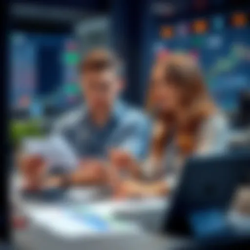 A young man and woman sitting together at a table, sharing trading charts and discussing strategies, looking engaged and focused
