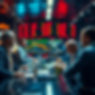 A group of traders gathered around a table sharing insights and ideas about trading strategies and market events