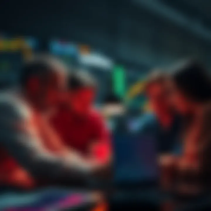 A group of traders discussing the switch from Binance to MEXC, looking at charts on their laptops, with a focus on trading features.