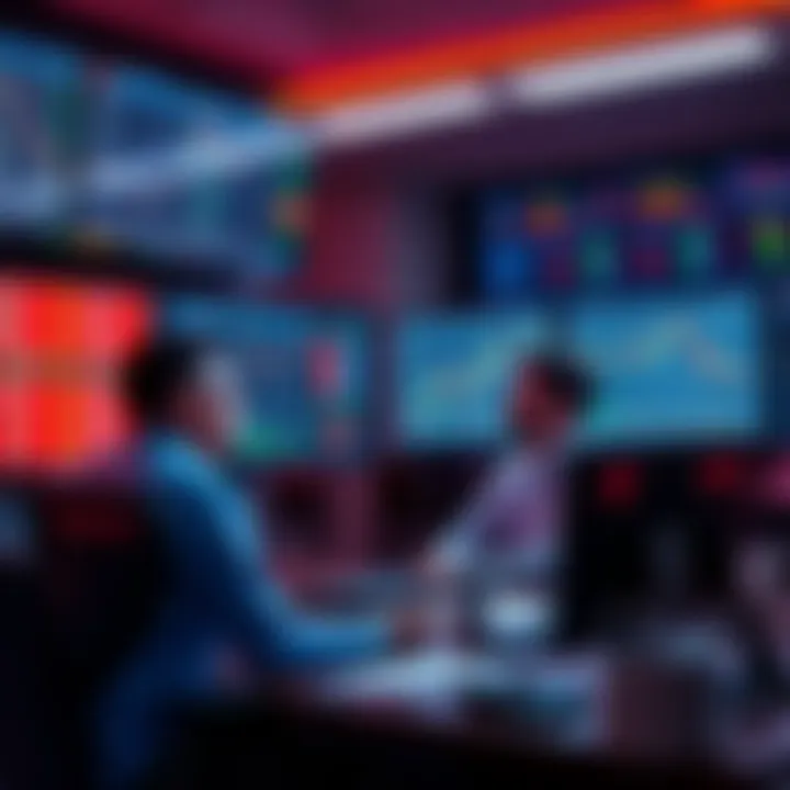 Group of traders reviewing charts and data on multiple screens at a trading desk