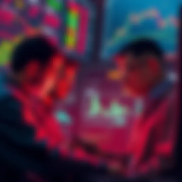 A group of traders looking at market data on screens, showing graphs and losses, highlighting the challenges faced by most Polymarket traders.