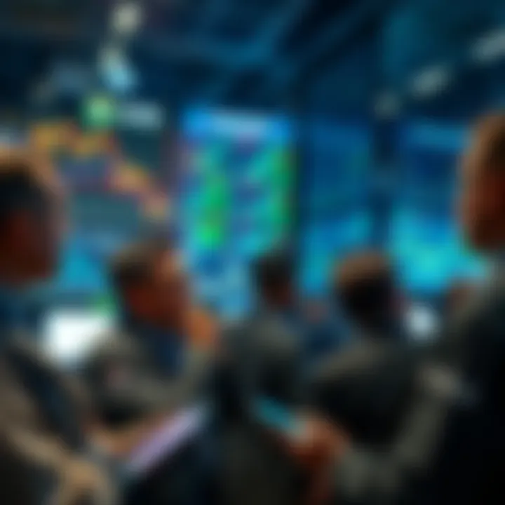 A group of traders closely examining stock charts on screens during a bear market, discussing strategies and opportunities, with a focus on positive outlooks despite downturns.