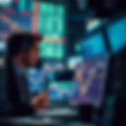 Traders looking at graphs and charts on screens, discussing strategies in a slow market.