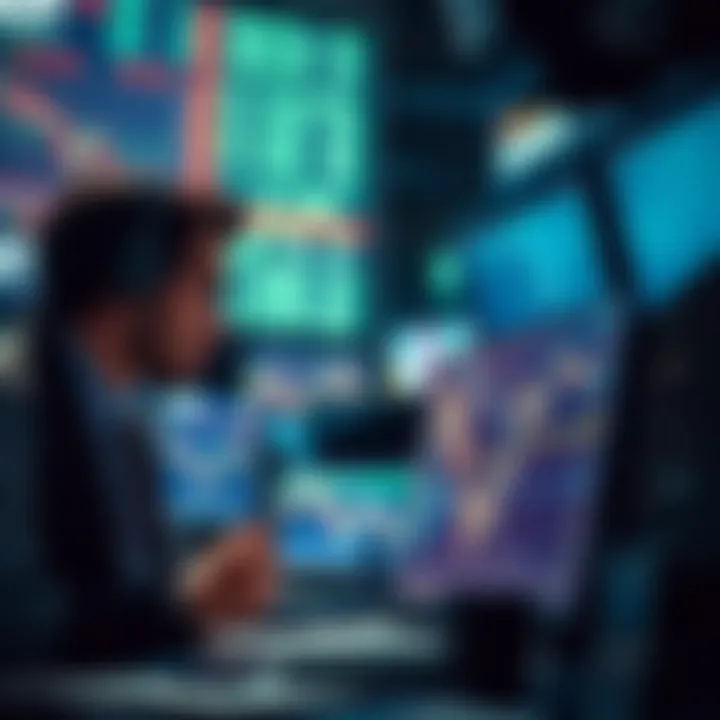 Traders looking at graphs and charts on screens, discussing strategies in a slow market.