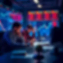 A group of traders focused on analyzing stock charts and discussing strategies around a table.