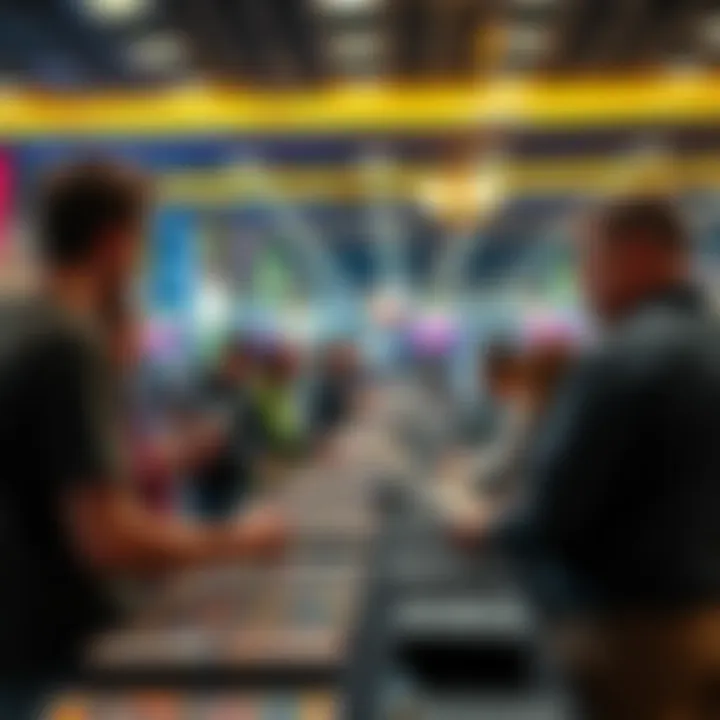 Card traders discussing Bitcoin acceptance at the Anaheim card show with trading tables and various cards displayed.