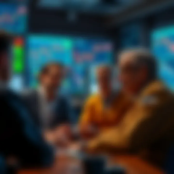 Veteran traders gathered, sharing thoughts on past bear markets and current sentiments, with charts showing market declines in background.