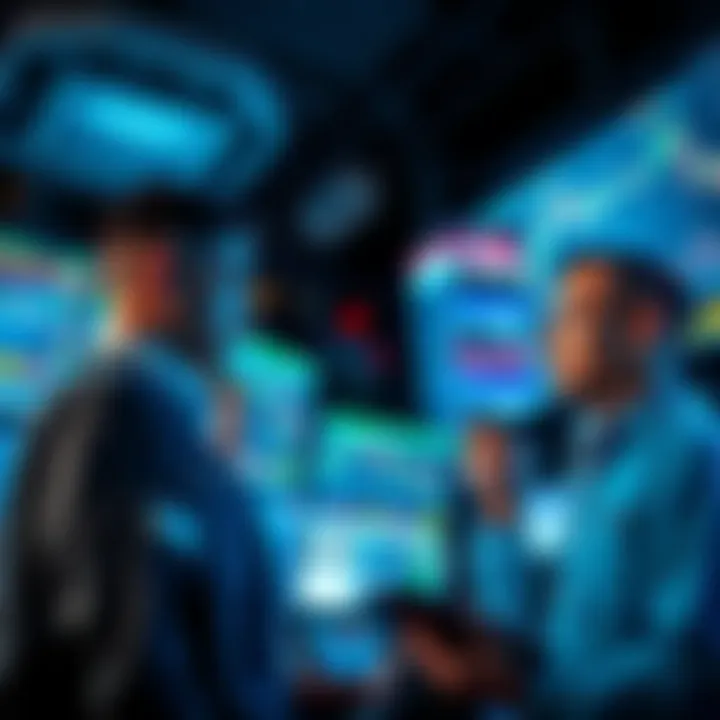 A group of traders looking at charts and graphs on digital screens while discussing strategies for perpetual trades.