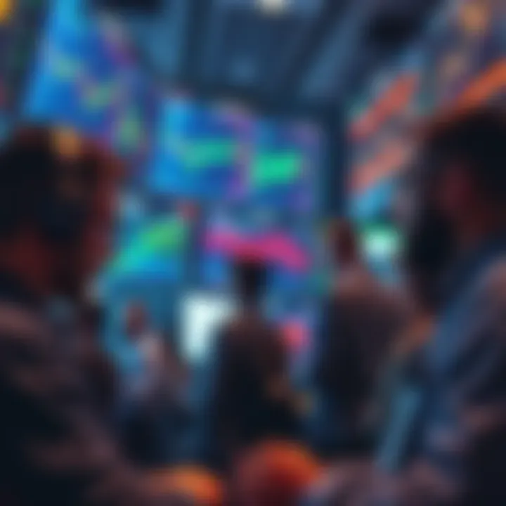 A group of traders looking at Bitcoin price charts on multiple screens, showing fluctuating values and market trends.