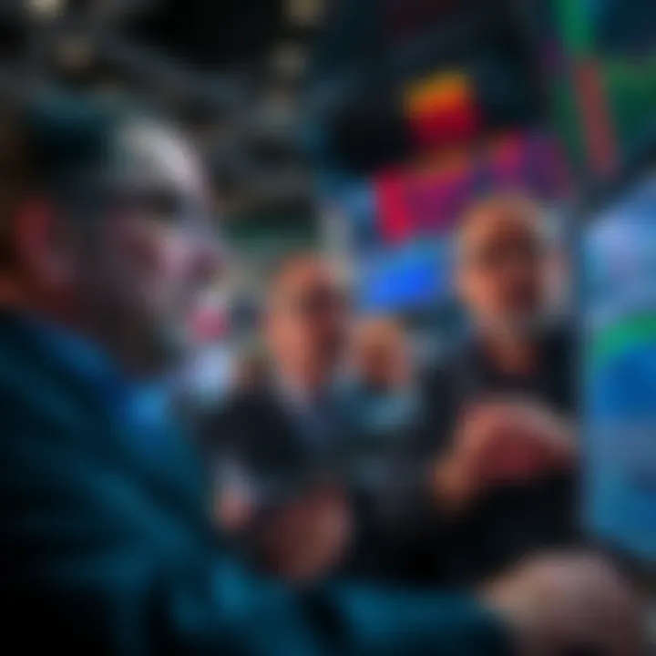 A group of traders looking at charts and screens showing fluctuating prices, discussing potential market manipulation, with expressions of concern and curiosity.