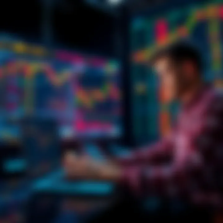 A person looking at trading charts on a laptop with stock market symbols and graphs in the background