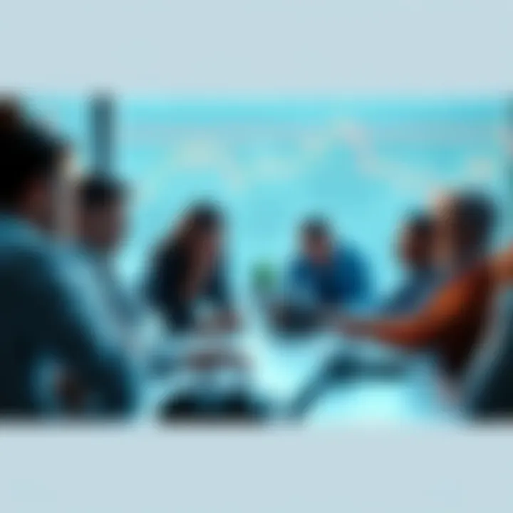 People discussing trading strategies around a table with charts and graphs