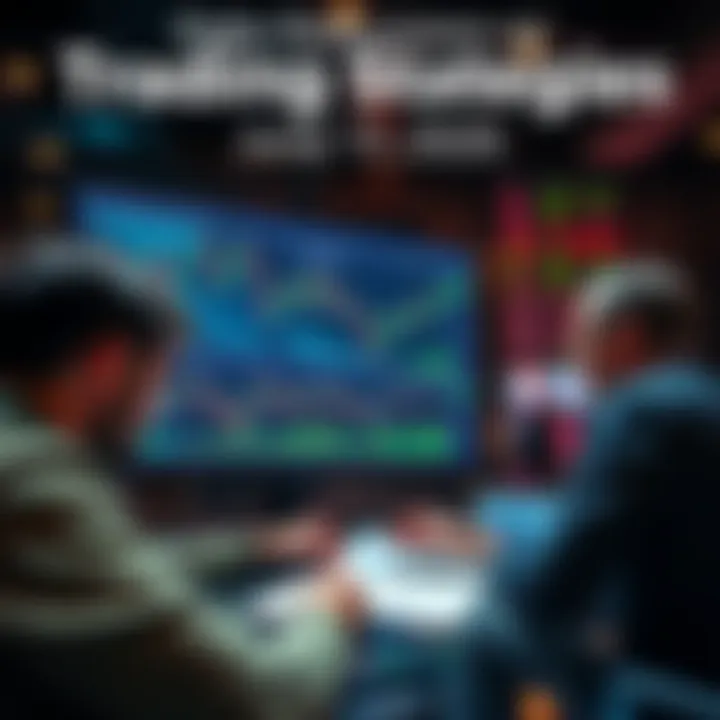 People discussing trading strategies with charts and graphs on a screen