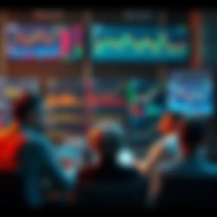 A group of people engaged in a lively discussion about trading strategies and current events, with charts and graphs displayed on screens around them.