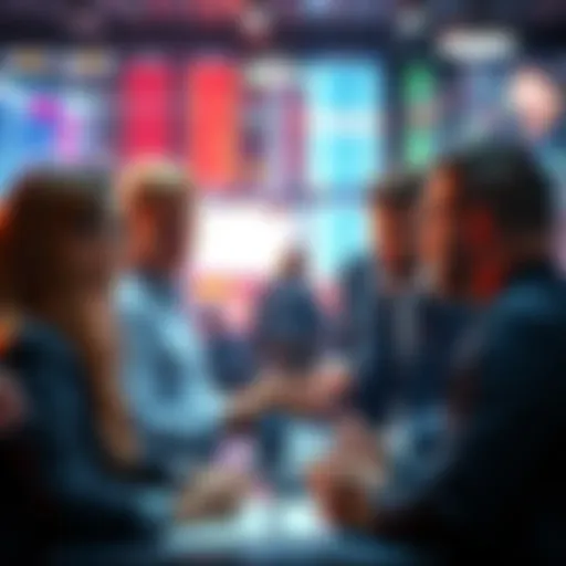 A group of people discussing trading strategies and market trends in a casual setting