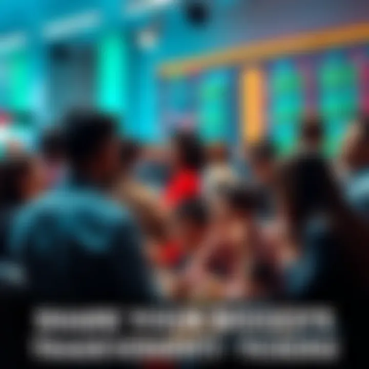 Group of people discussing their successful trades and sharing ticker symbols in a lively forum setting