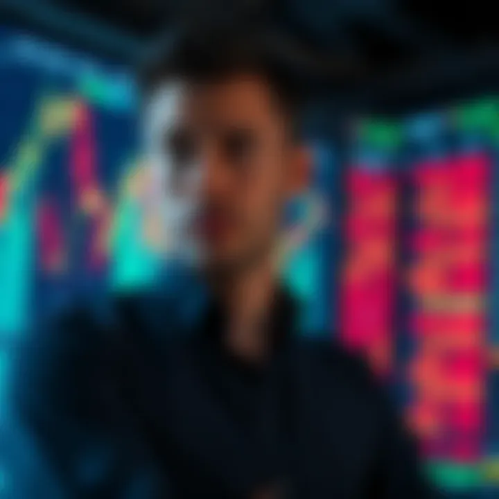 A person contemplating selling stocks with a chart and money in the background