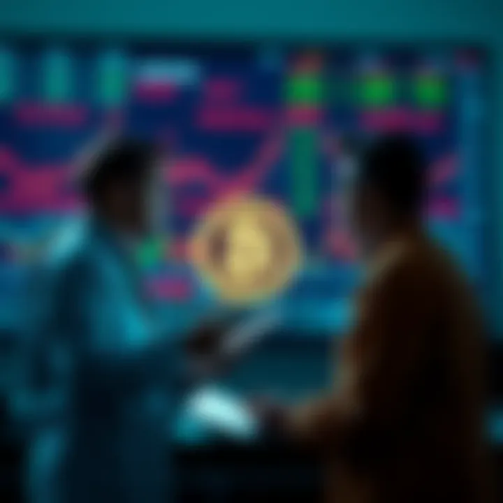 Traders engaging in a discussion about Litecoin market strategies with charts and data in the background.