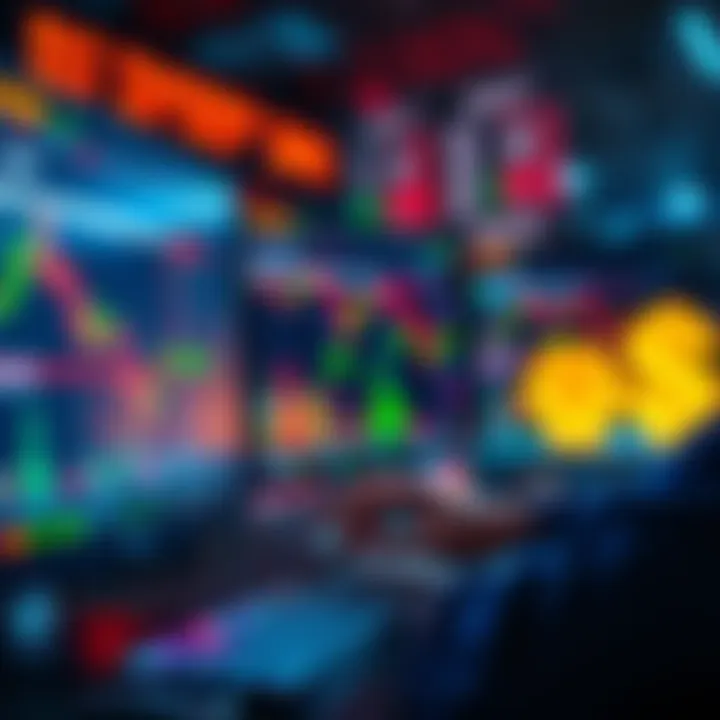 A person analyzing stock market charts on a computer with buy, sell, and hold symbols visible