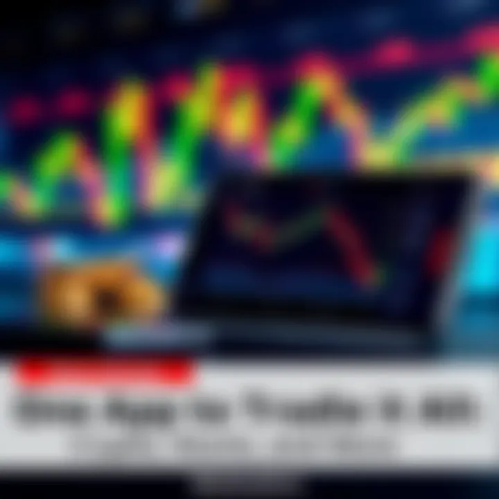 Trading App Displaying Crypto and Stocks A smartphone screen showing a trading app with charts for crypto, stocks, and commodities, emphasizing a unified trading experience.