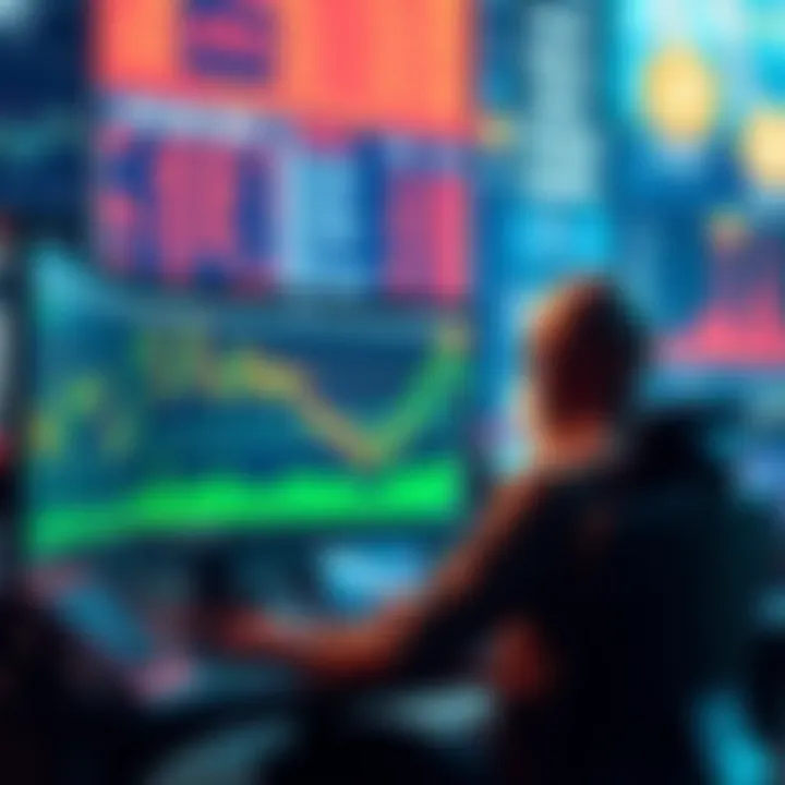 A trader analyzing Bitcoin charts on a computer while news headlines about Bitcoin appear in the background