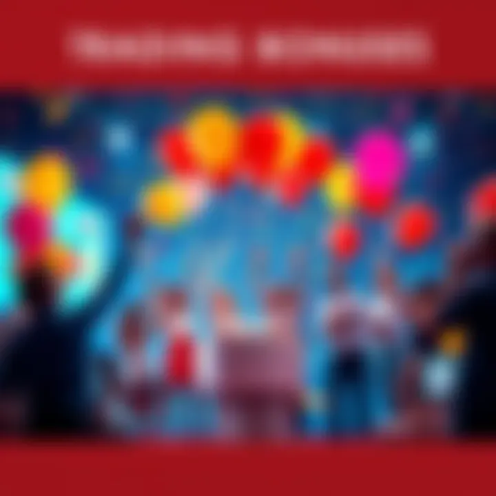 A colorful graphic showing traders celebrating with balloons and confetti while tracking exchange anniversaries for bonuses.