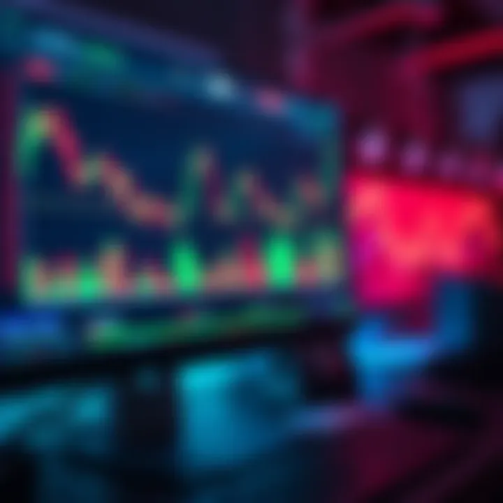 A computer screen displaying trading charts with fluctuating lines representing price highs and lows in the crypto market.