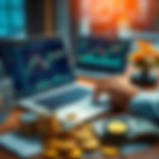 A person analyzing cryptocurrency charts on a laptop, with dollar bills and coins on the table, symbolizing a $5000 investment.