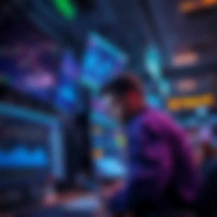 A trader looking at multiple screens displaying cryptocurrency prices and charts in a busy environment