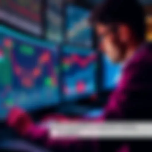 A person focused on their computer screen, analyzing trading data with charts and graphs displayed