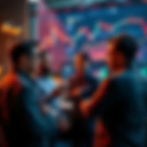 People engaging in a conversation about trading strategies with charts and graphs in the background.