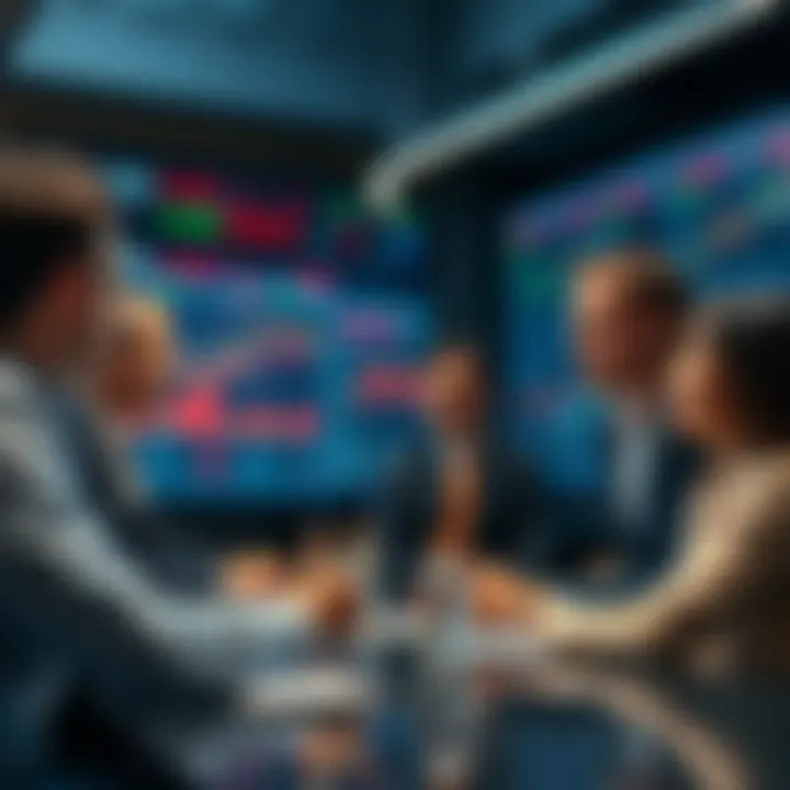 A group of people engaged in a trading discussion, sharing insights and strategies, with charts and graphs on a screen in the background.