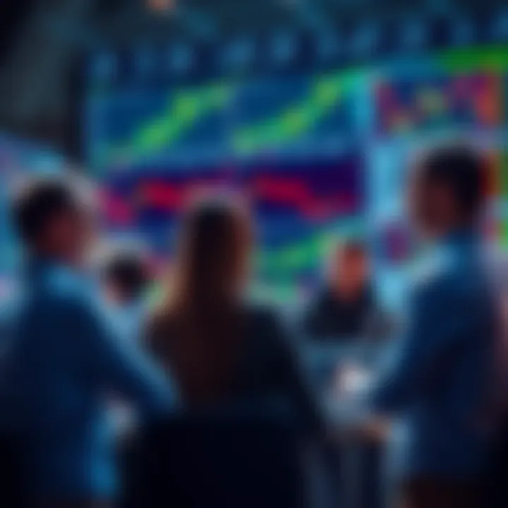 Trading Discussion Group A group of people discussing trading ideas and strategies, with charts and graphs on a screen in the background.