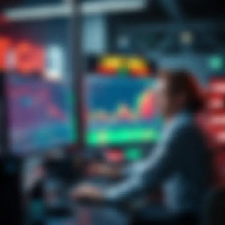 A trader sitting at a desk, focused on a computer screen with charts showing limit sell points and profits.