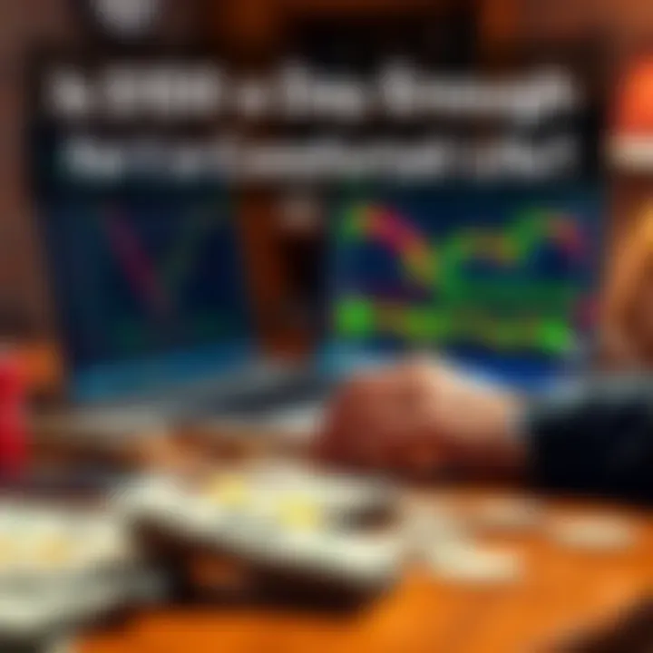 Trading money on a table A person counting cash with a laptop open, showing trading charts on the screen.