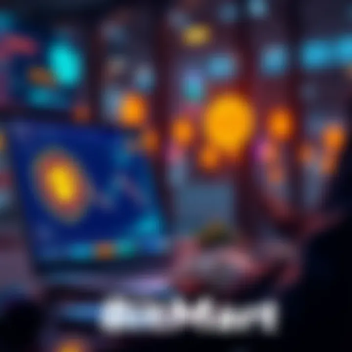 Trading on BitMart A person using a laptop to trade on BitMart's prediction market platform, with graphics of rewards and protection symbols