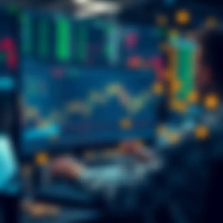 A trader analyzing charts and trading pairs on a computer screen with cryptocurrency icons around