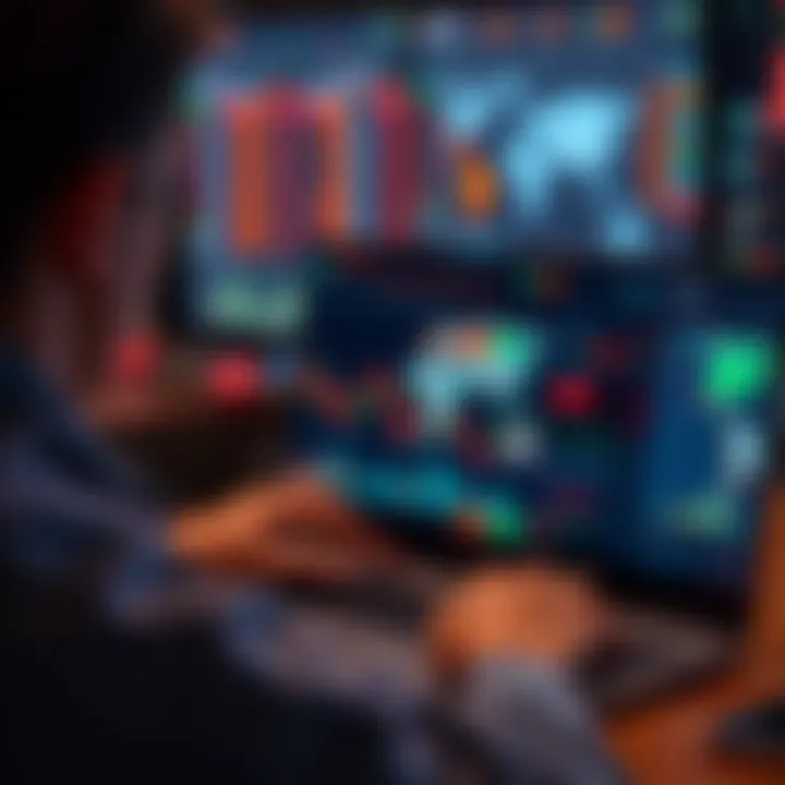 A person using a laptop to trade on prediction markets, with graphs and global event icons visible on the screen.