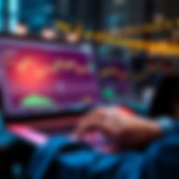 A person using a simulator tool on a laptop, showing graphs and market data on the screen while practicing trading strategies.