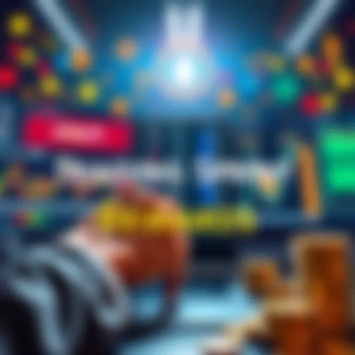 A graphic showing a person trading stocks and assets on a digital platform, with symbols of stocks, metals, and rewards like coins in the background.
