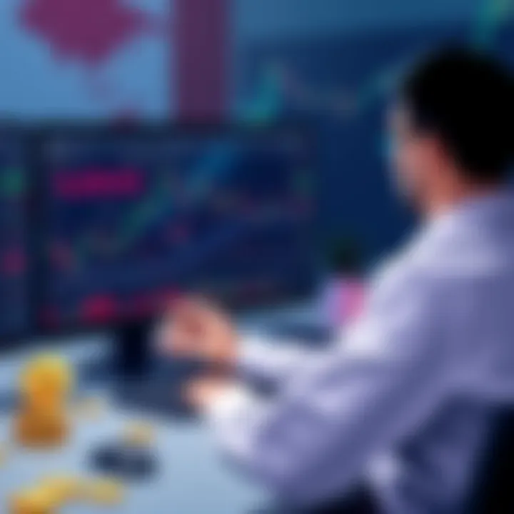 An illustration showing a person analyzing crypto graphs and charts on a computer, with symbols of cryptocurrency around them.