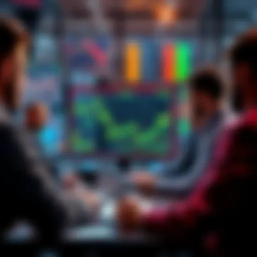 A group of people engaging in a discussion about trading strategies and current events, with charts and graphs displayed on a screen.