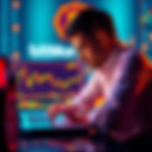 A trader analyzing charts on a laptop with cryptocurrency symbols and BitMart logo in the background.