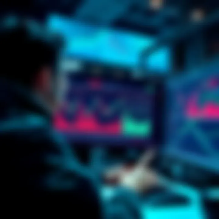 Trading System Analysis A trader monitors a screen with fluctuating market graphs, assessing investment stability and profit potential.